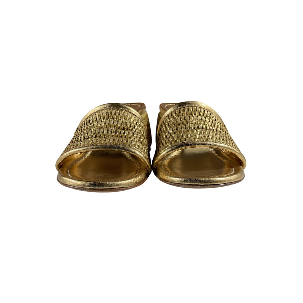 Gianvito Rossi 'Marbella & Nappa' Gold Raffia And Leather Silk Washed Mules Size 9