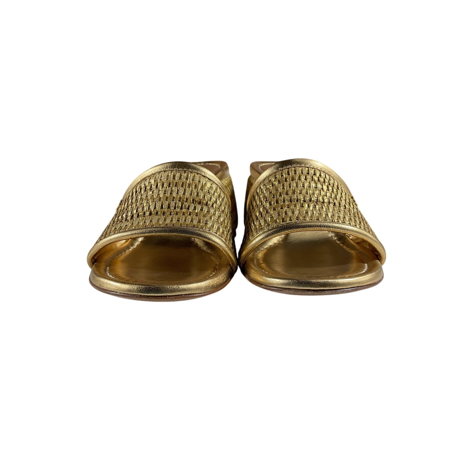 Gianvito Rossi 'Marbella & Nappa' Gold Raffia And Leather Silk Washed Mules Size 9