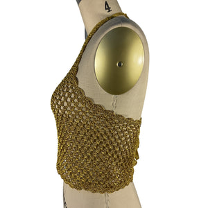 Ganni Metallic Gold Crochet Halter Top Size XS