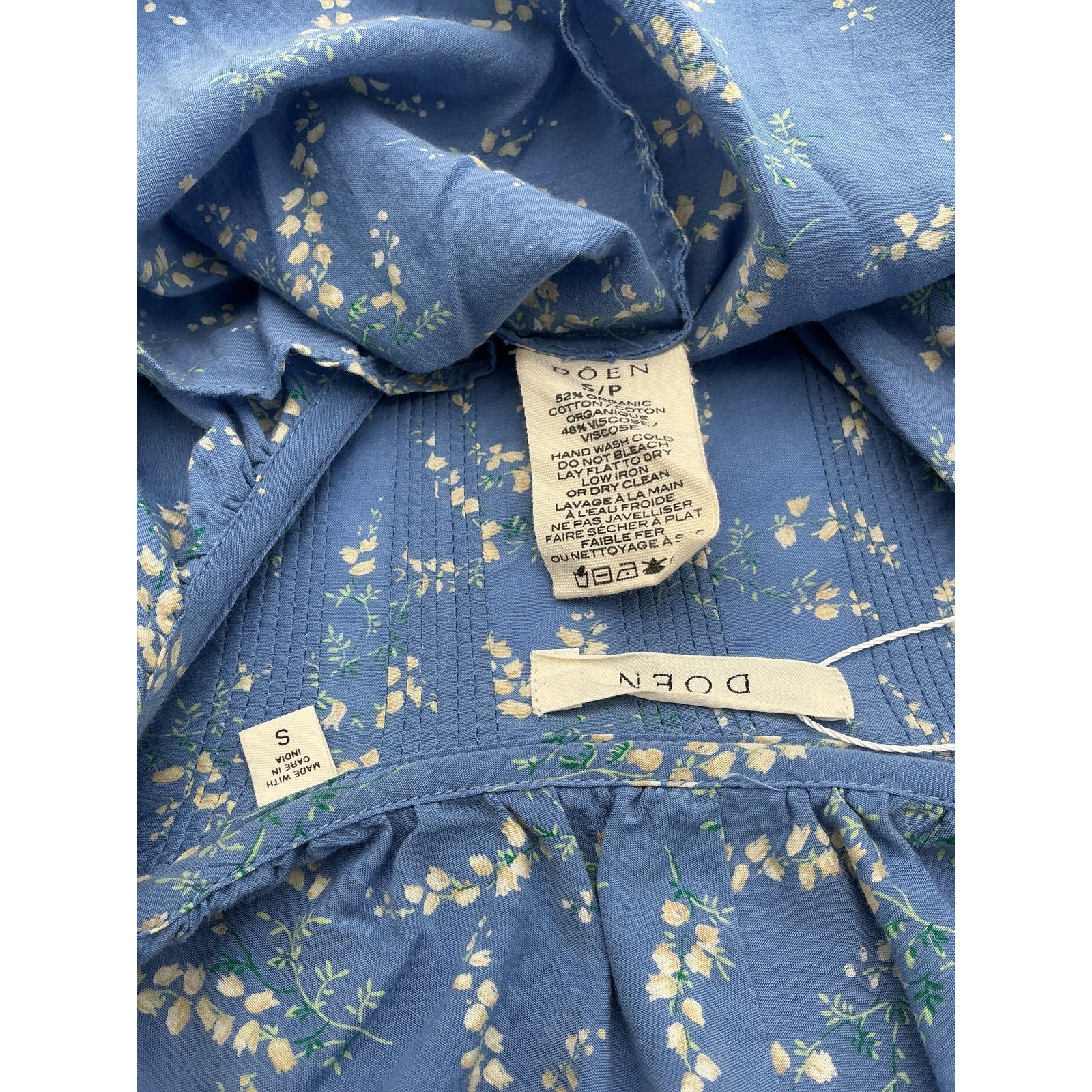 D�en 'Henri' Blue Cotton Pleated Floral Top Size S
