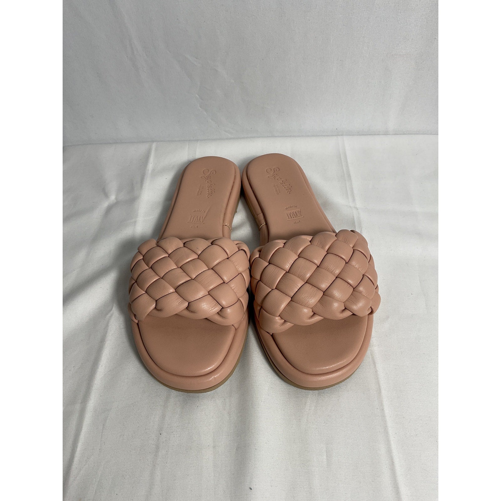 Seychelles 'Puffy' Tan Leather Woven Slide Sandals Size 6.5