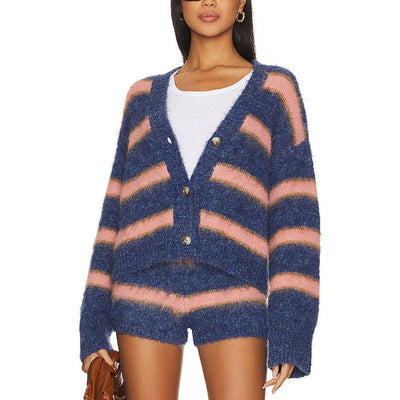 L Space Fuzzy Blue And Pink Montauk Stripe Cardigan Sweater Size S