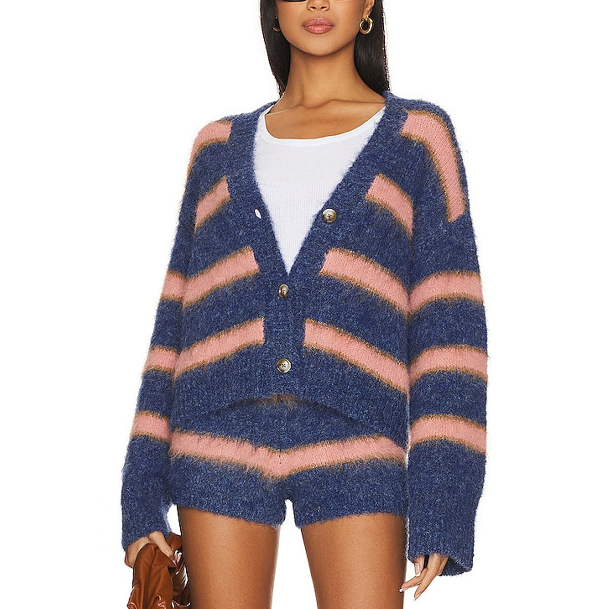 L Space Fuzzy Blue And Pink Montauk Stripe Cardigan Sweater Size S