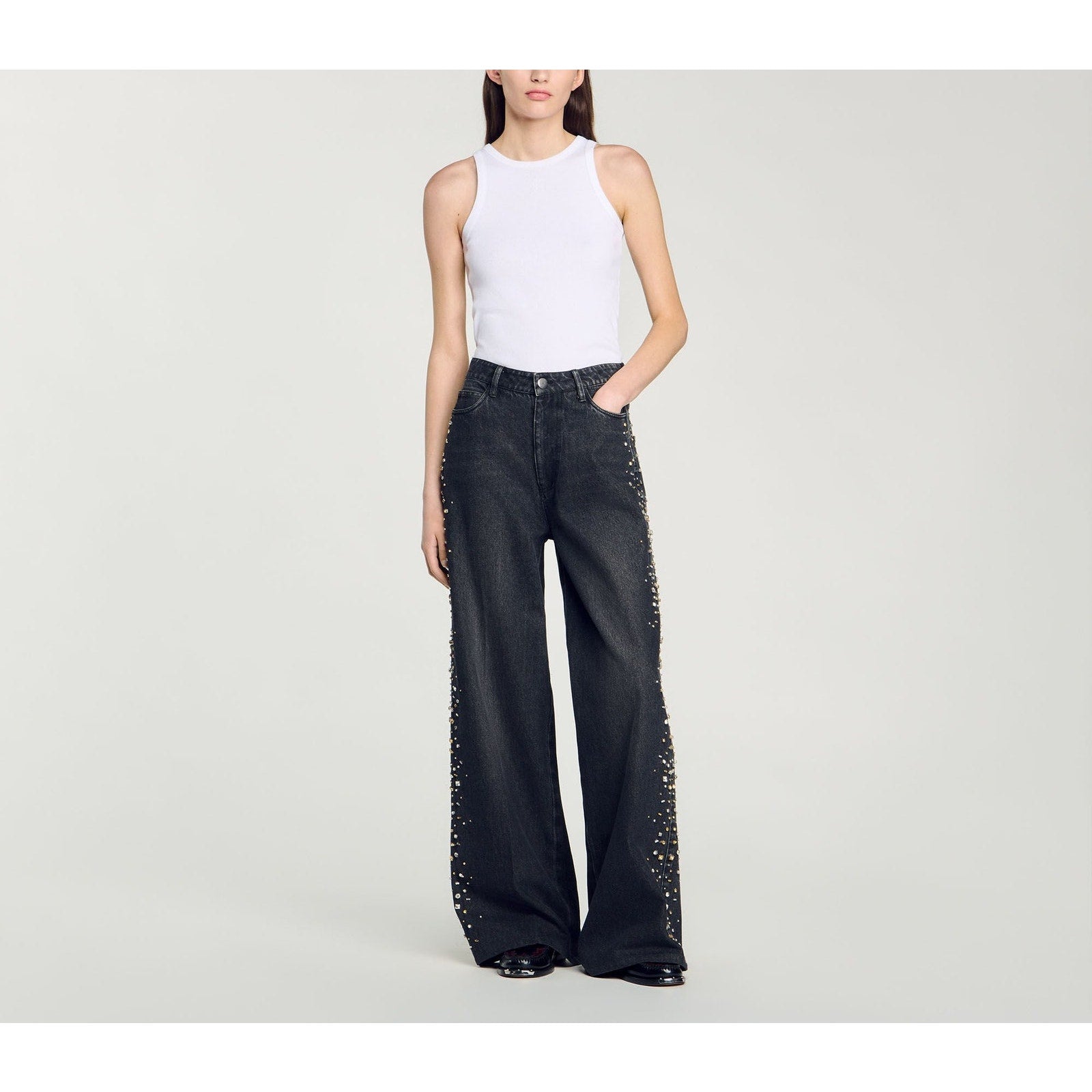 Sandro Wide-Leg Black Rhinestone Jeans Size 36 - NWT