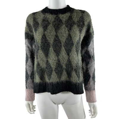 Allsaints Fuzzy Coffee Multi Diamond Crew Neck Sweater Size S