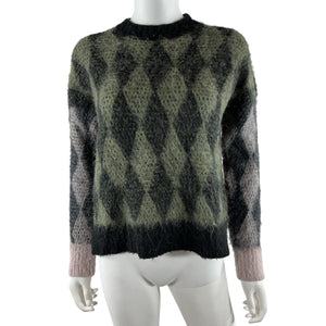 Allsaints Fuzzy Coffee Multi Diamond Crew Neck Sweater Size S