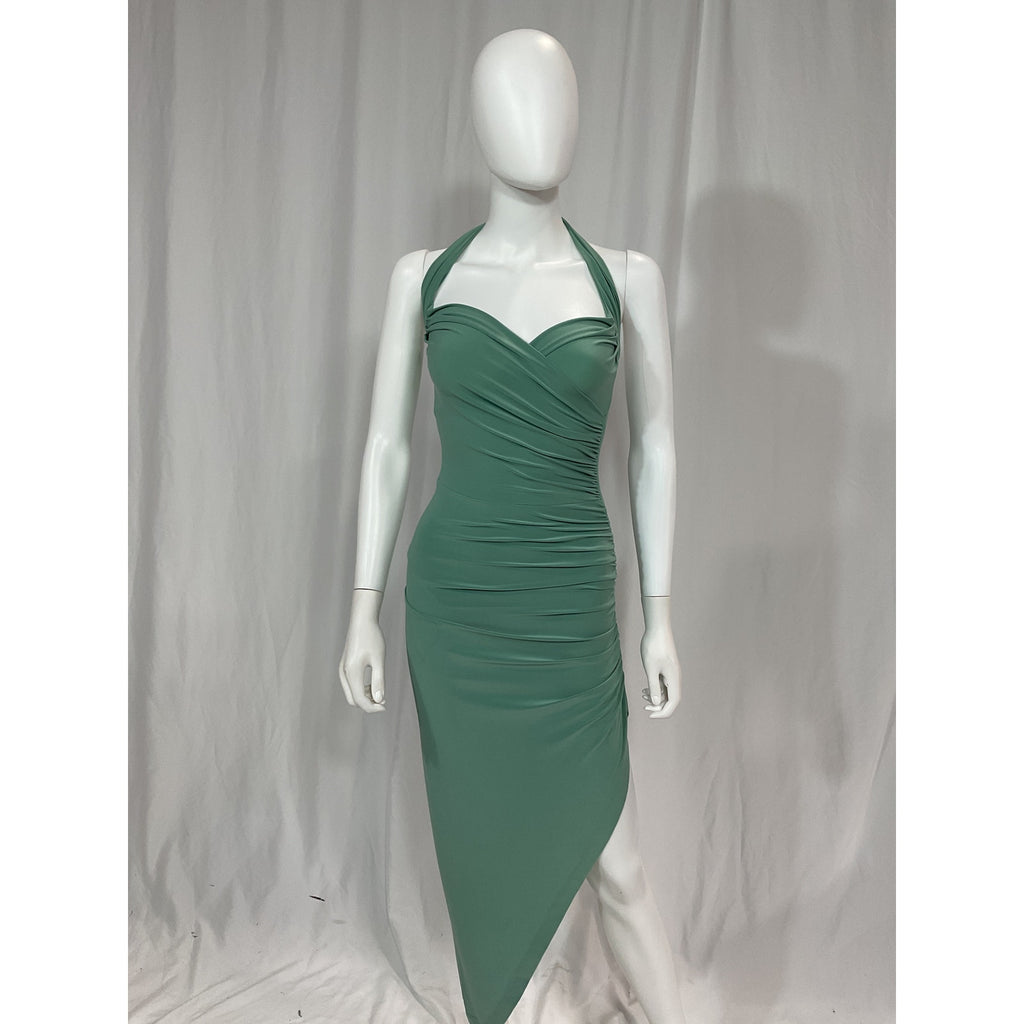 Norma Kamali 'Cayla' Green Halterneck Asymmetric Midi Dress Size XXS