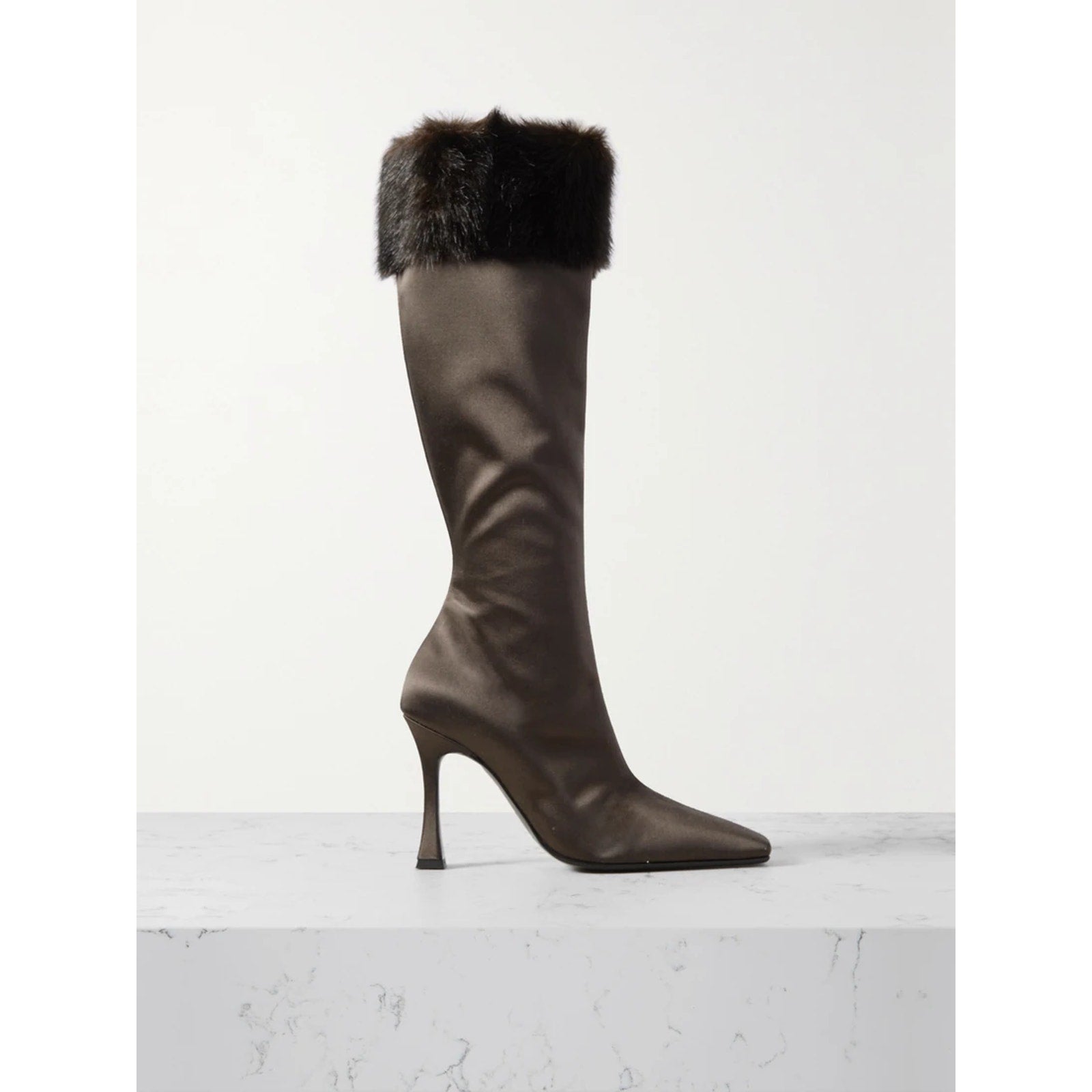 Magda Butrym 'Faux' Brown Fur-Trimmed Satin Knee Boots Size 8