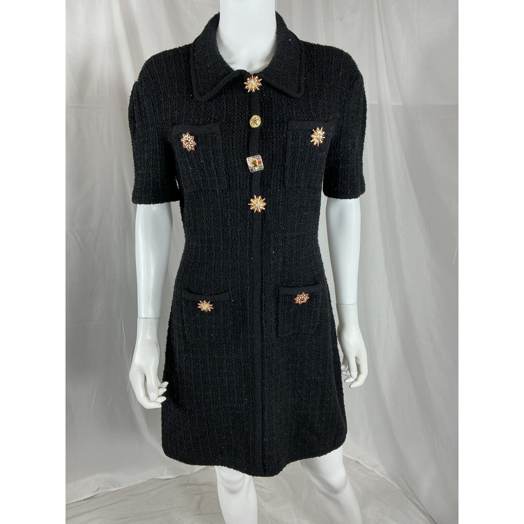 Self-Portrait 'Jewel' Black Viscose Button Knit Mini Dress Size L