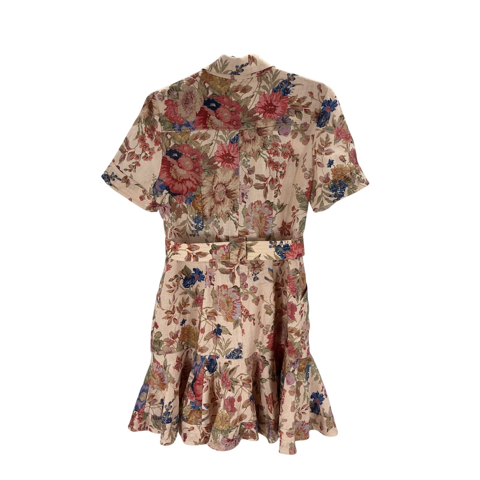 Zimmermann 'August' Beige Linen Belted Floral Mini Dress Size 2