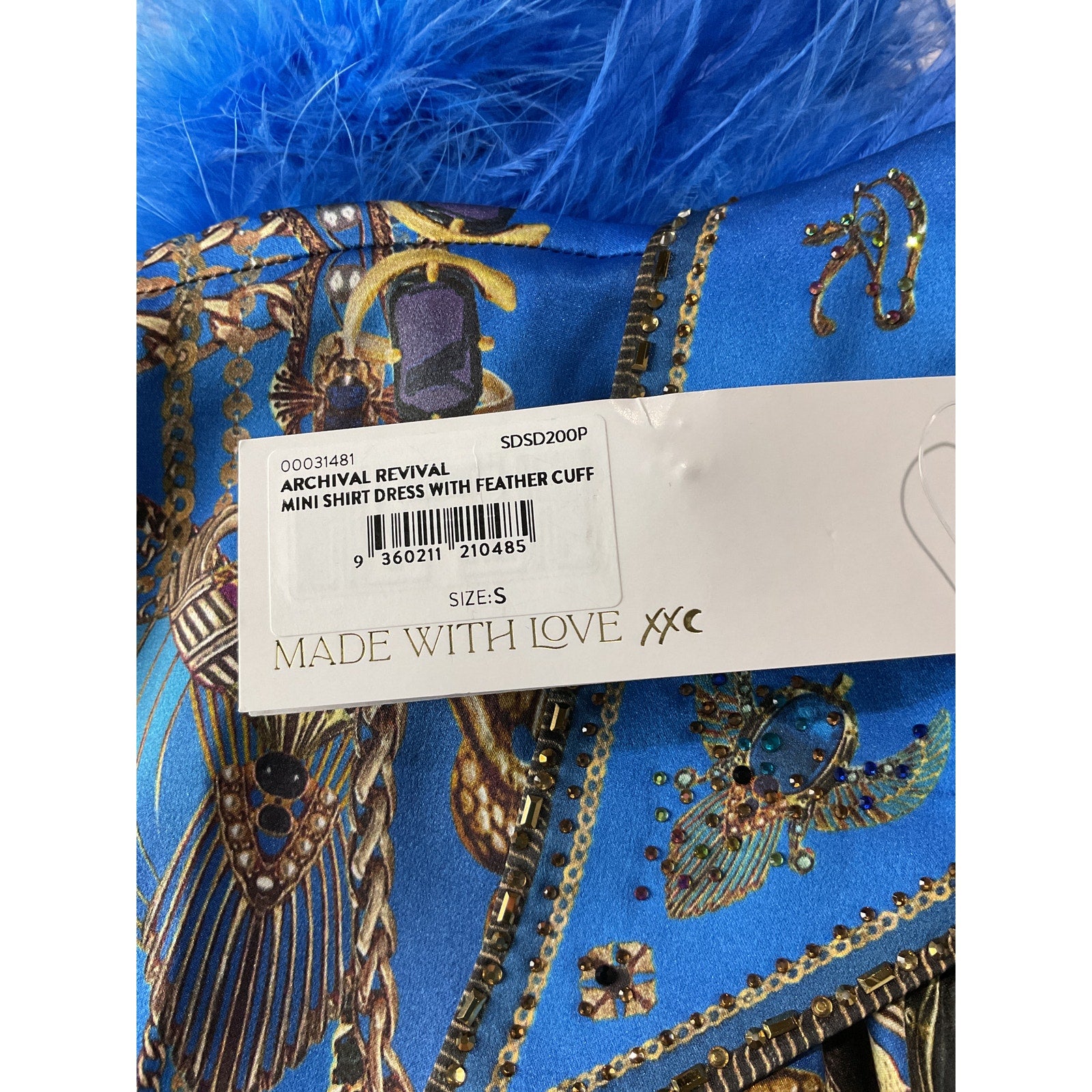 Camilla Mini Blue Silk Shirt Dress With Feather Cuffs Size S - NWT