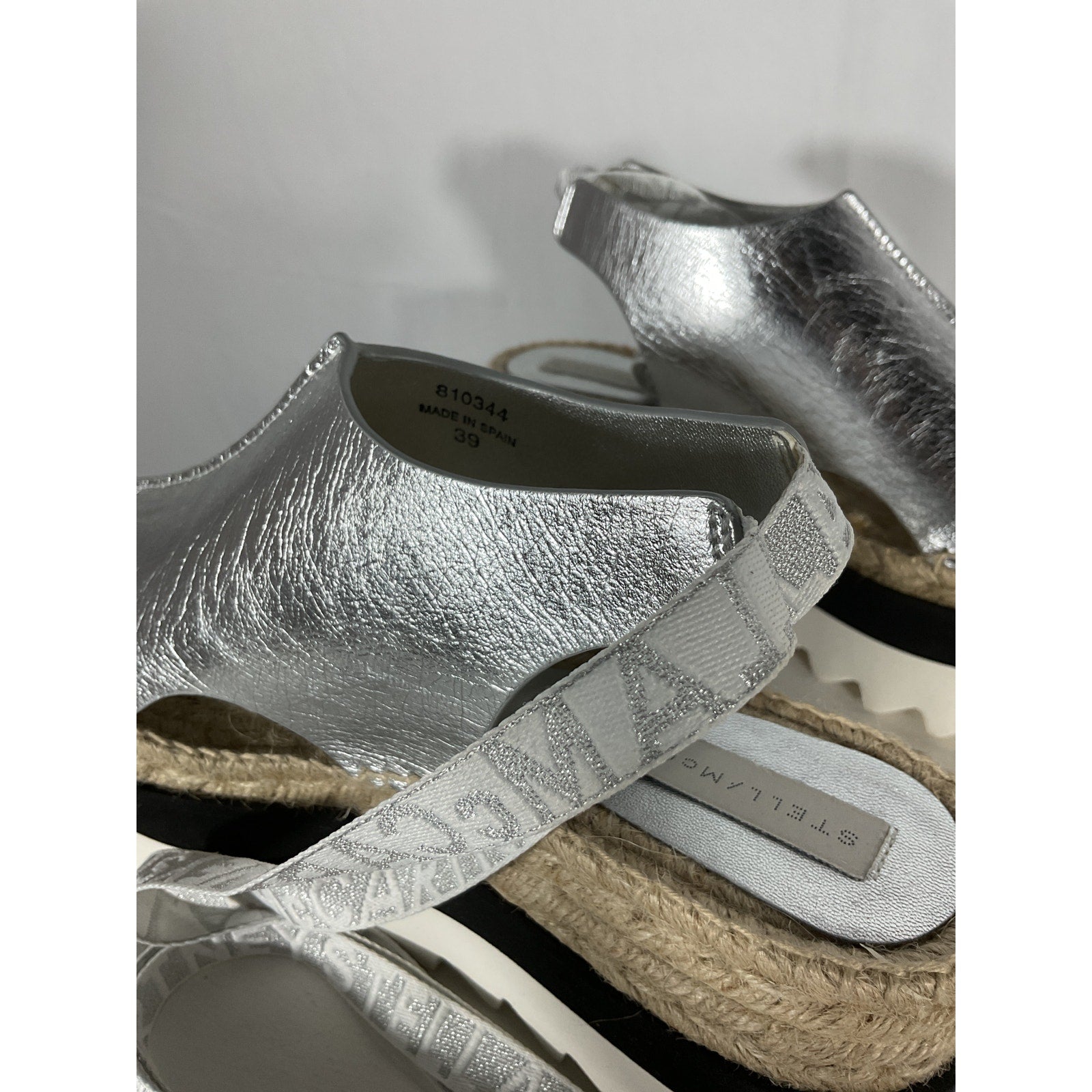 Stella Mccartney 'Gaia' Silver Leather Wrinkly Metallic Sandal Size 9