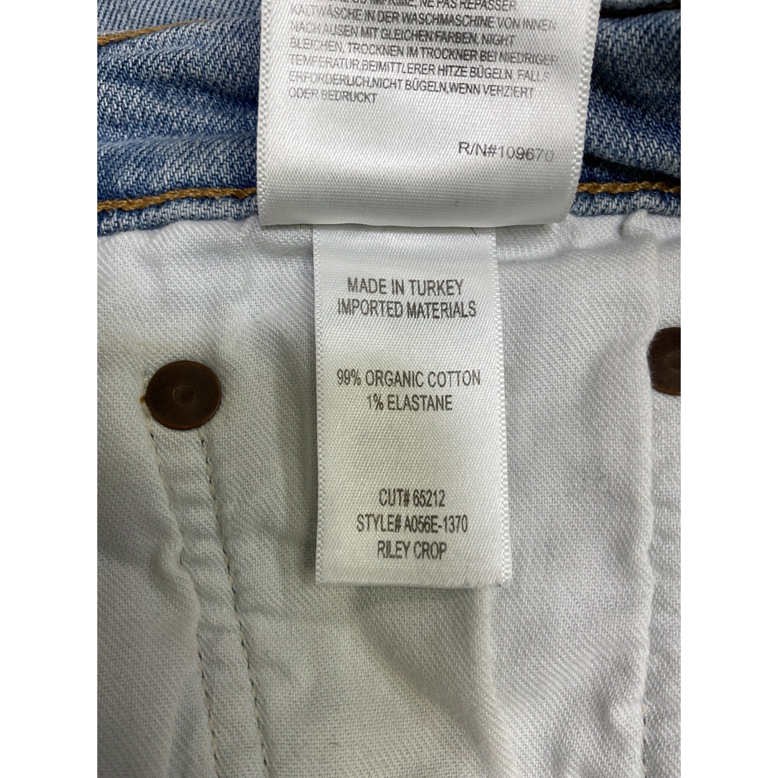Agolde 'Riley' Blue Cotton High Rise Straight Crop Denim Jean Size 28