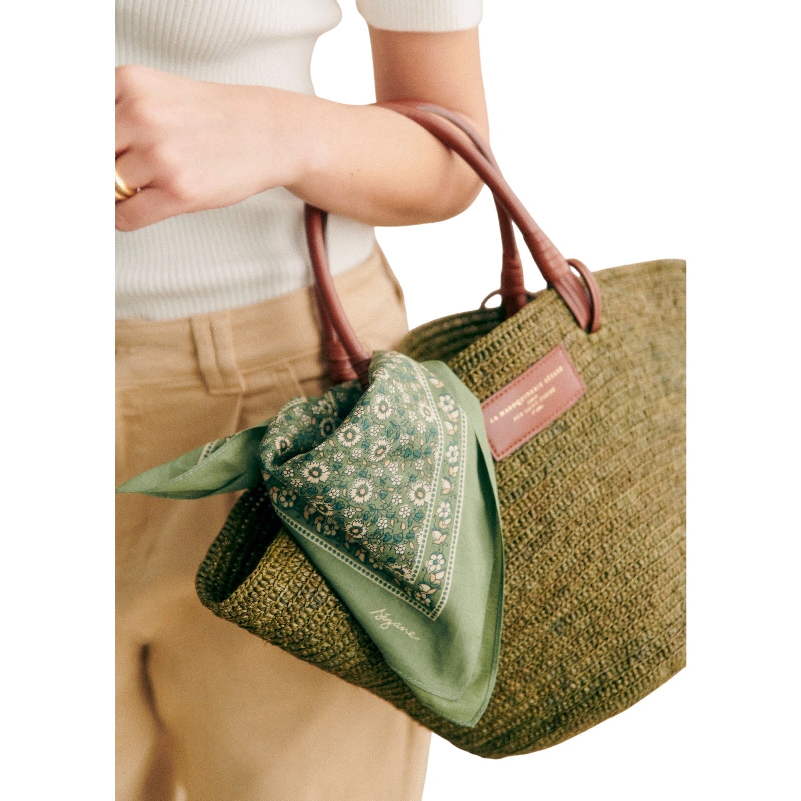 S�zane 'Floral' Green Cotton Scarf Size OS