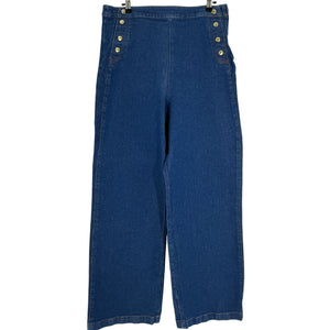 Frame Chic Blue Sailor Button-Embellished High-Rise Wide-Leg Denim Jeans Size 33