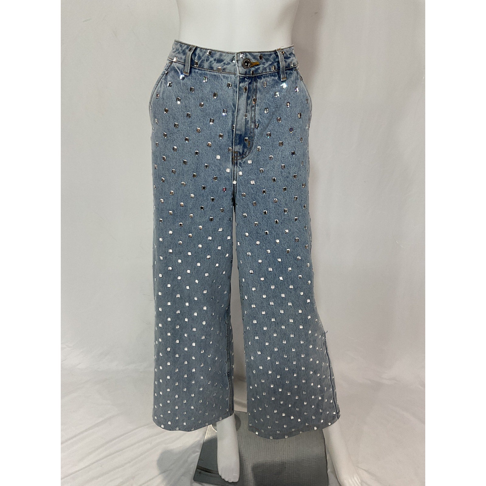 Self-Portrait 'Square' Blue Embellished Rhinestone Wide Leg Denim Jean Size 26