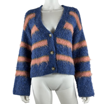 L Space Fuzzy Blue And Pink Montauk Stripe Cardigan Sweater Size S