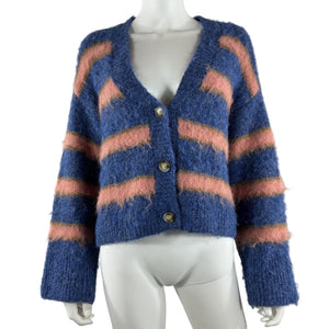 L Space Fuzzy Blue And Pink Montauk Stripe Cardigan Sweater Size S