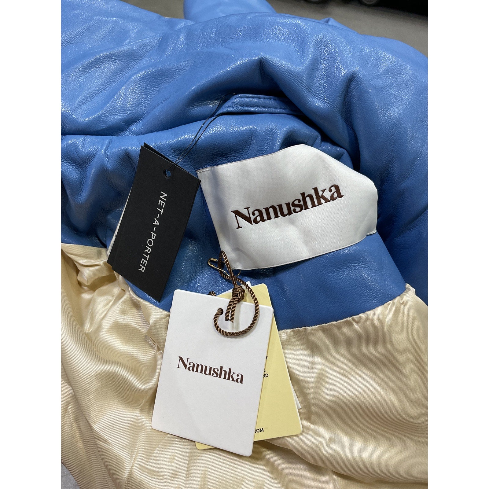 Nanushka Hide Quilted Blue Polyurethane Padded Vegan Leather Jacket Size L - NWT