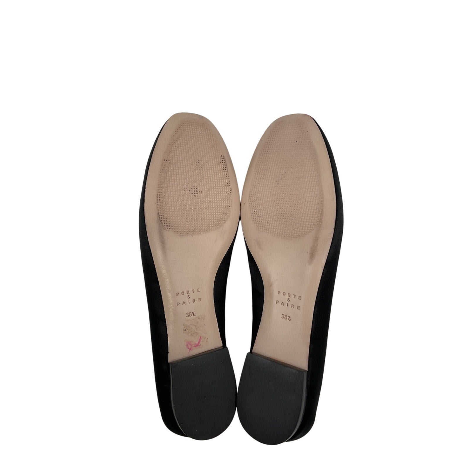 Porte & Paire Black Leather Bow-Embellished Satin Ballet Flats Size 8.5