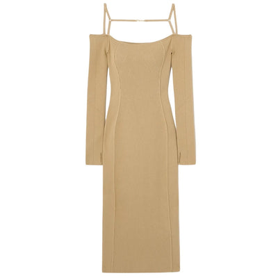 Jacquemus Embellished Ribbed Knit Sand Sierra Midi Dress Size FR 32 / US 0