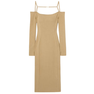 Jacquemus Embellished Ribbed Knit Sand Sierra Midi Dress Size FR 32 / US 0