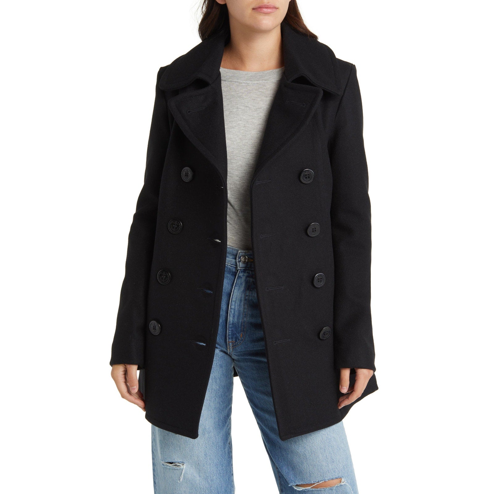 Schott Nyc Wool Blend Black Wool Peacoat Size L