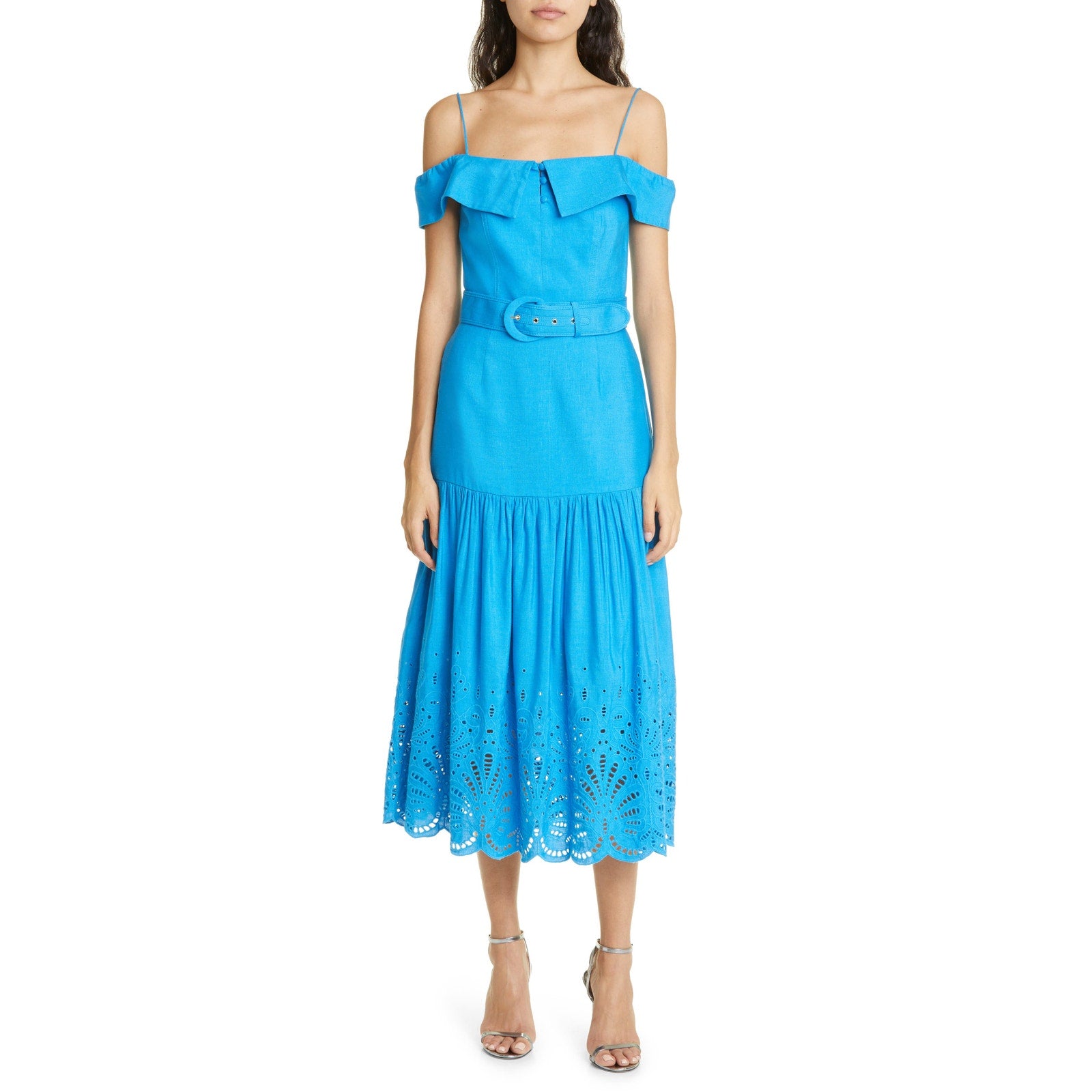 Rebecca Vallance 'Isidora' Blue Sleeveless Belted Linen & Cotton Midi Dress Size 2