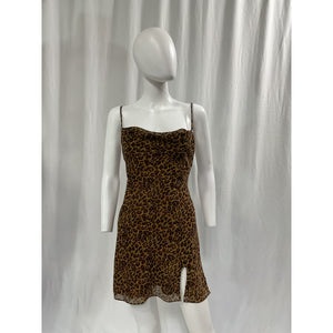 Staud 'Bellamy' Brown Leopart Print Cowl Neck Lace-Up Mini Dress Size XS