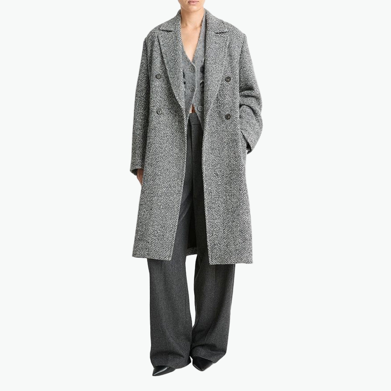 Vince 'Herringbone' Grey Wool Double Breasted Coat Size M