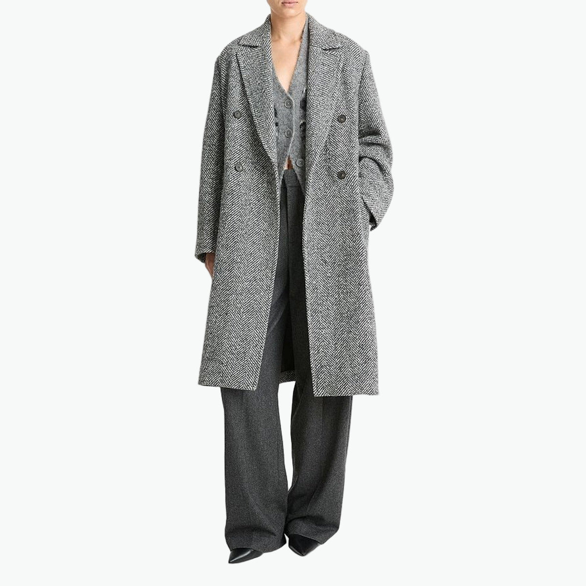 Vince 'Herringbone' Grey Wool Double Breasted Coat Size M