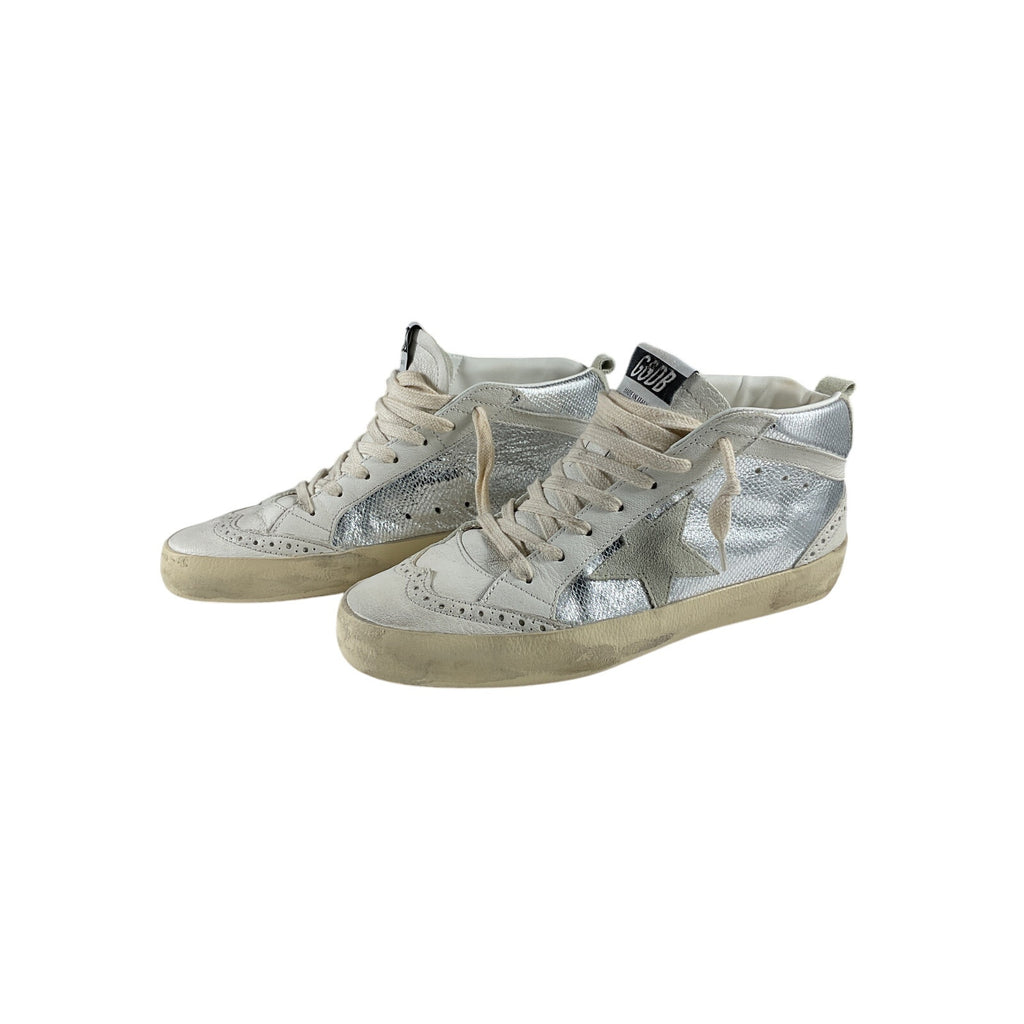 Golden Goose 'Mid Star' Silver Leather Distressed Suede-Trimmed Metallic Snake-Effect Leather Sneakers Size 8