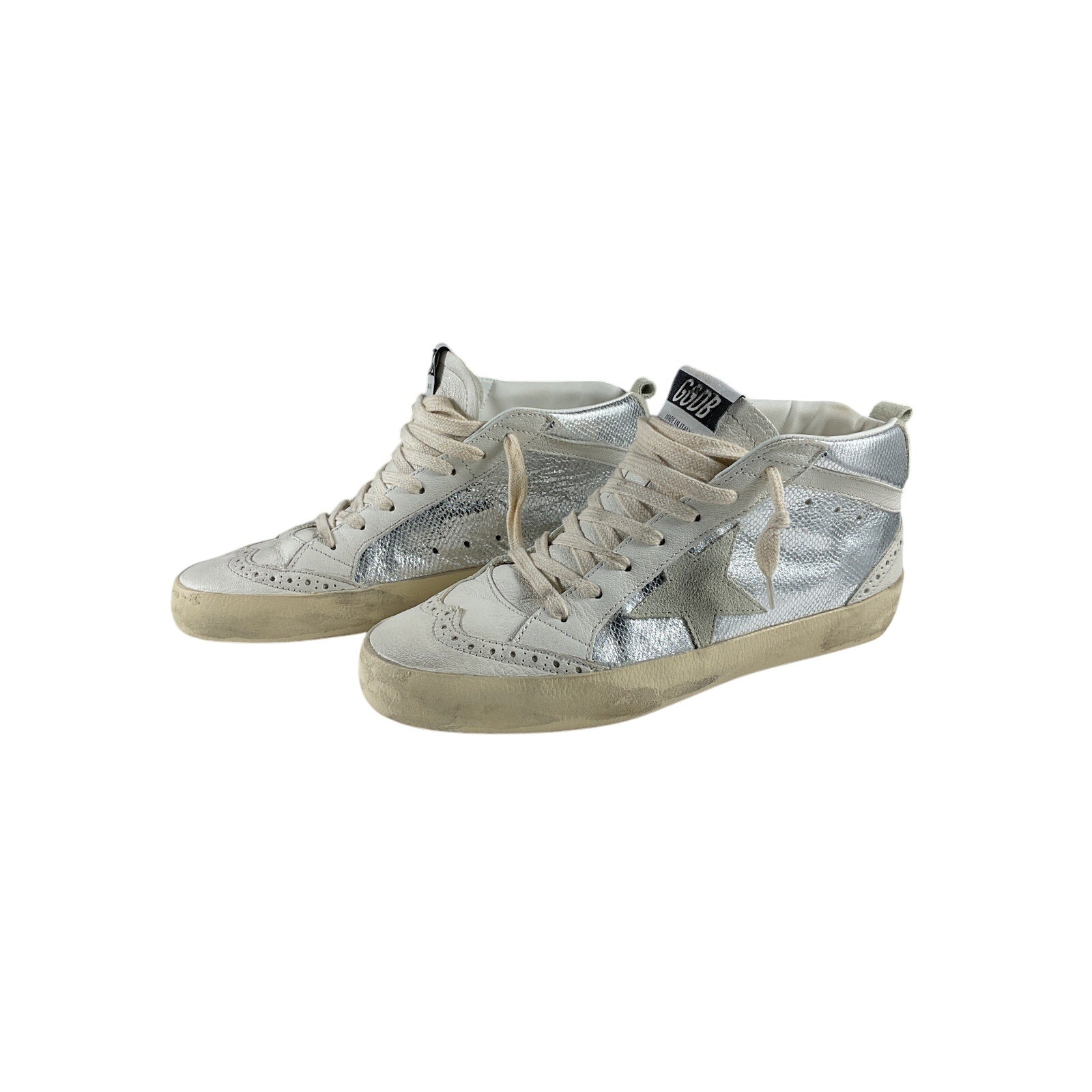 Golden Goose 'Mid Star' Silver Leather Distressed Suede-Trimmed Metallic Snake-Effect Leather Sneakers Size 8