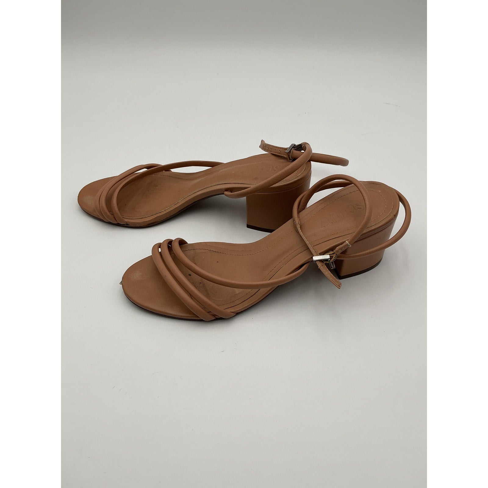 Schutz 'Aiyra' Beige Leather Mid Block Sandal Size 8