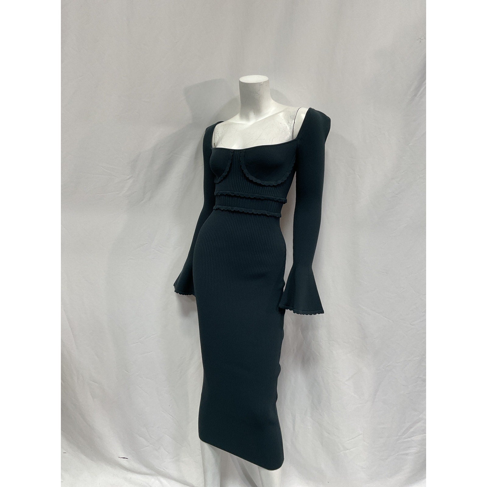 Self-Portrait Knit 'Scallop Edge' Green Viscose Midi Dress Size S