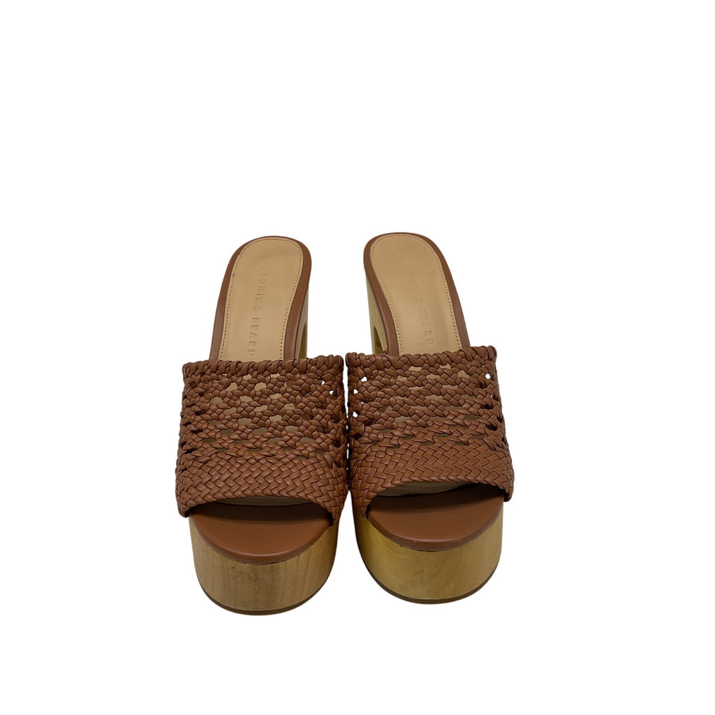 Veronica Beard 'Guadalupe' Brown Woven Leather Wooden-Heel Mules Size 6