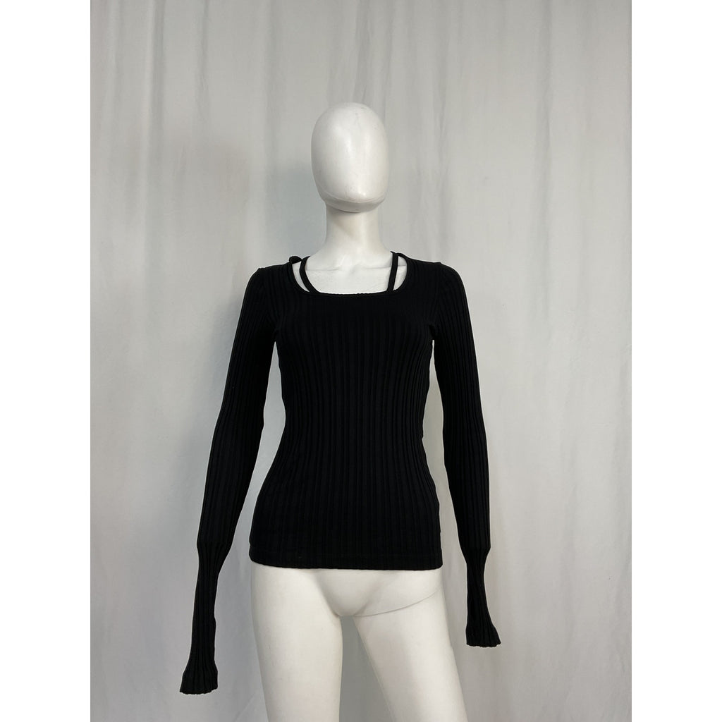 Helmut Lang Black Cotton Cutout Ribbed Cotton-Jersey Top Size XS