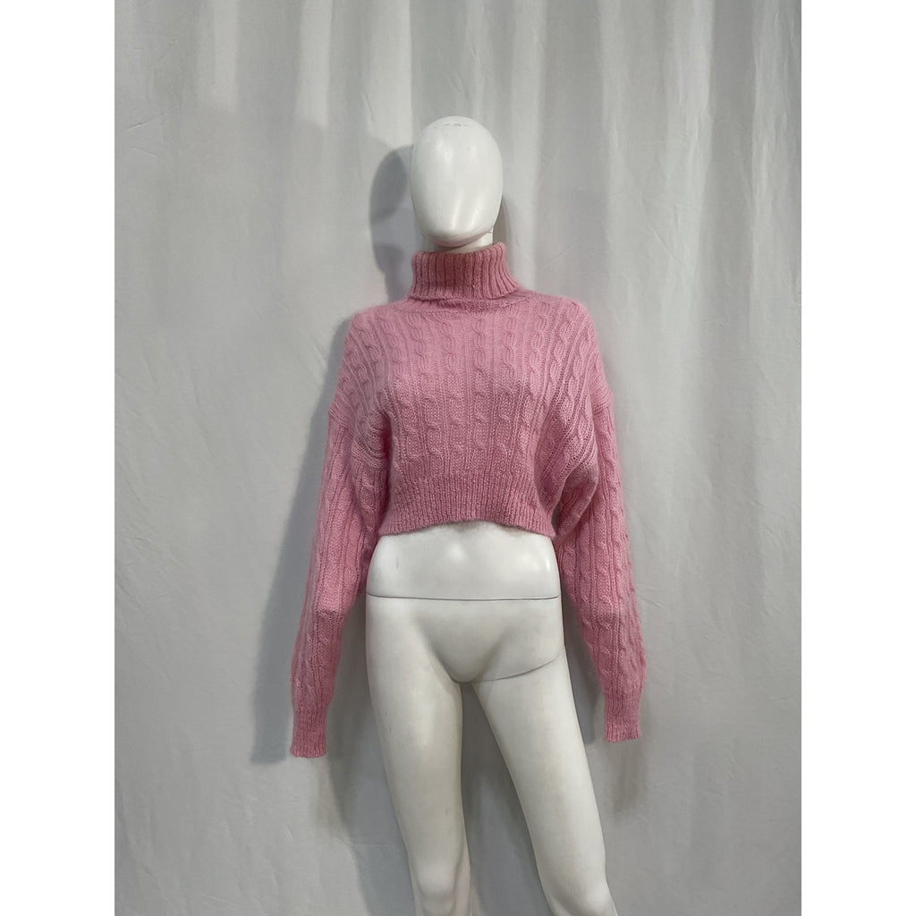 Ganni High Neck Cropped Pink Polyamide Pullover Sweater Size XS