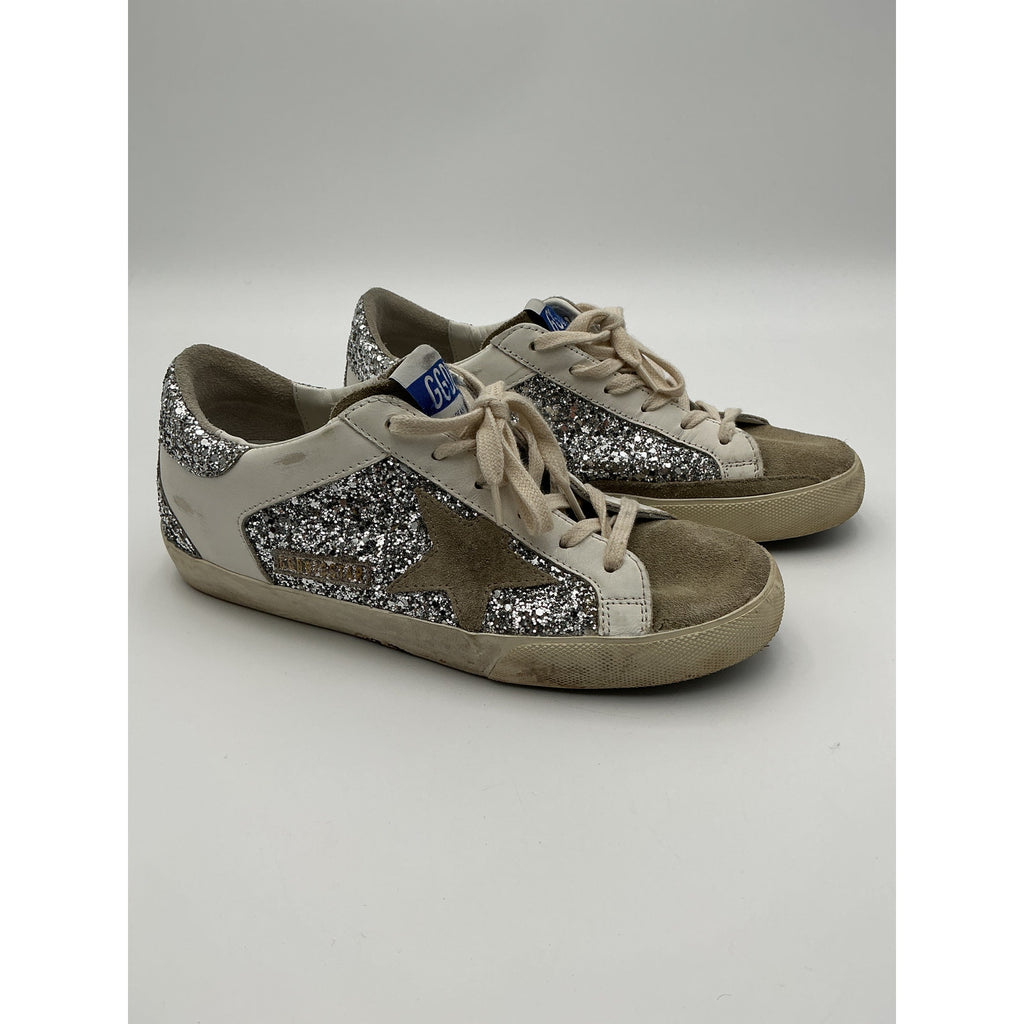 Golden Goose 'Superstar' Beige Leather Glitter Sneaker Shoe Size 8
