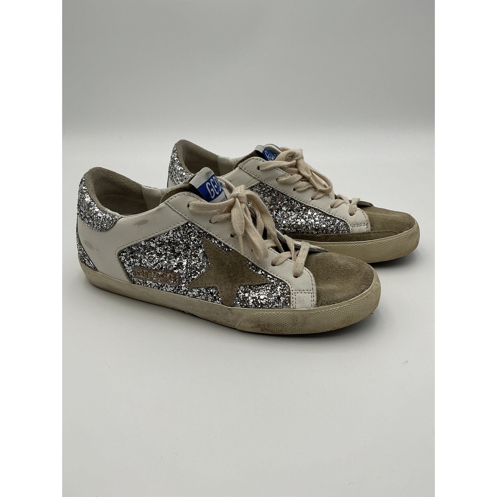 Golden Goose 'Superstar' Beige Leather Glitter Sneaker Shoe Size 8