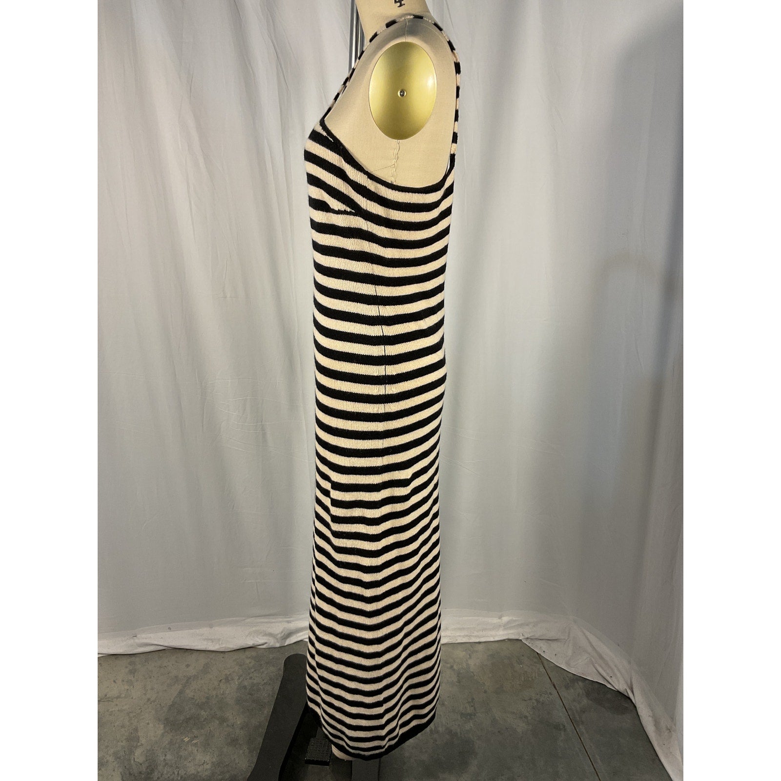 Khaite 'Georgia' Black Striped Cashmere V Neck Cross Back Straps Midi Dress Size L - NWT