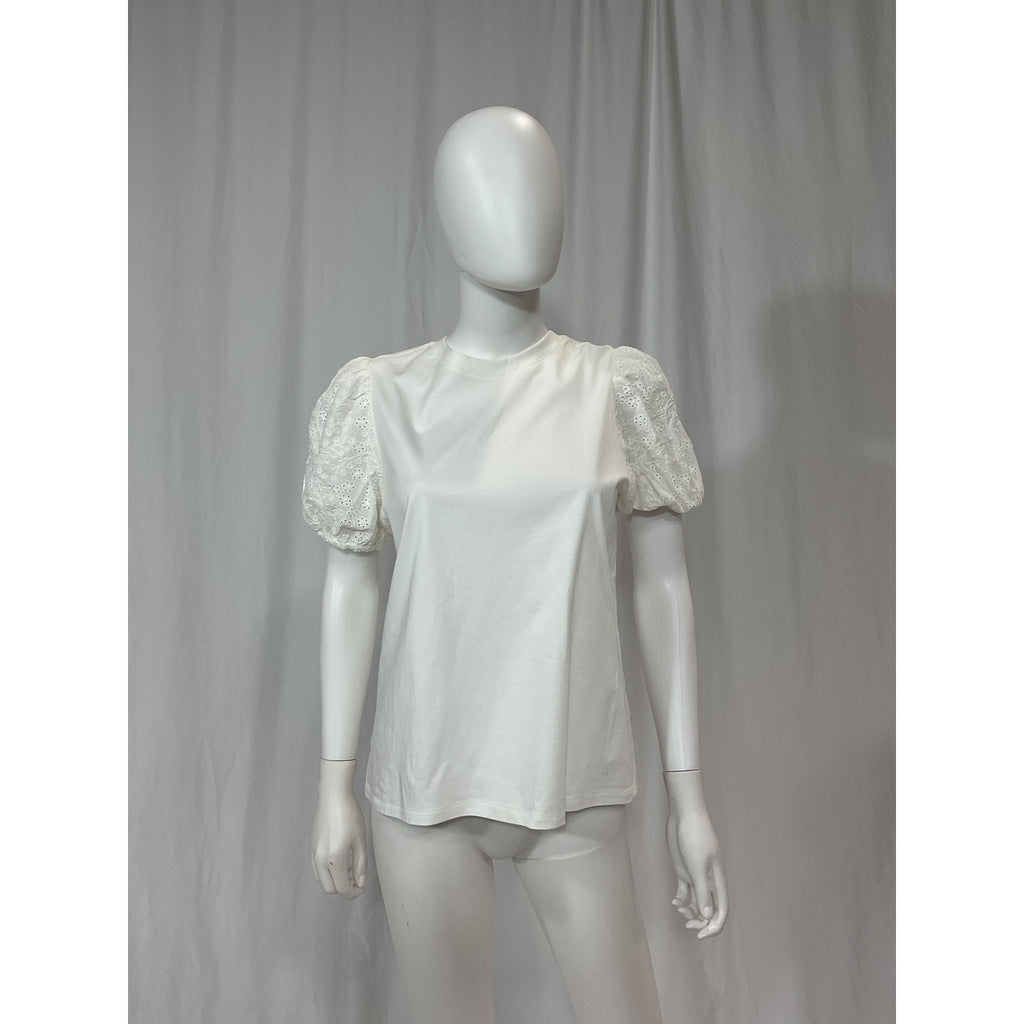 Jason Wu 'Eyelet' White Cotton Crew Neck Lace Puff Sleeve T-Shirt Size S - NWT