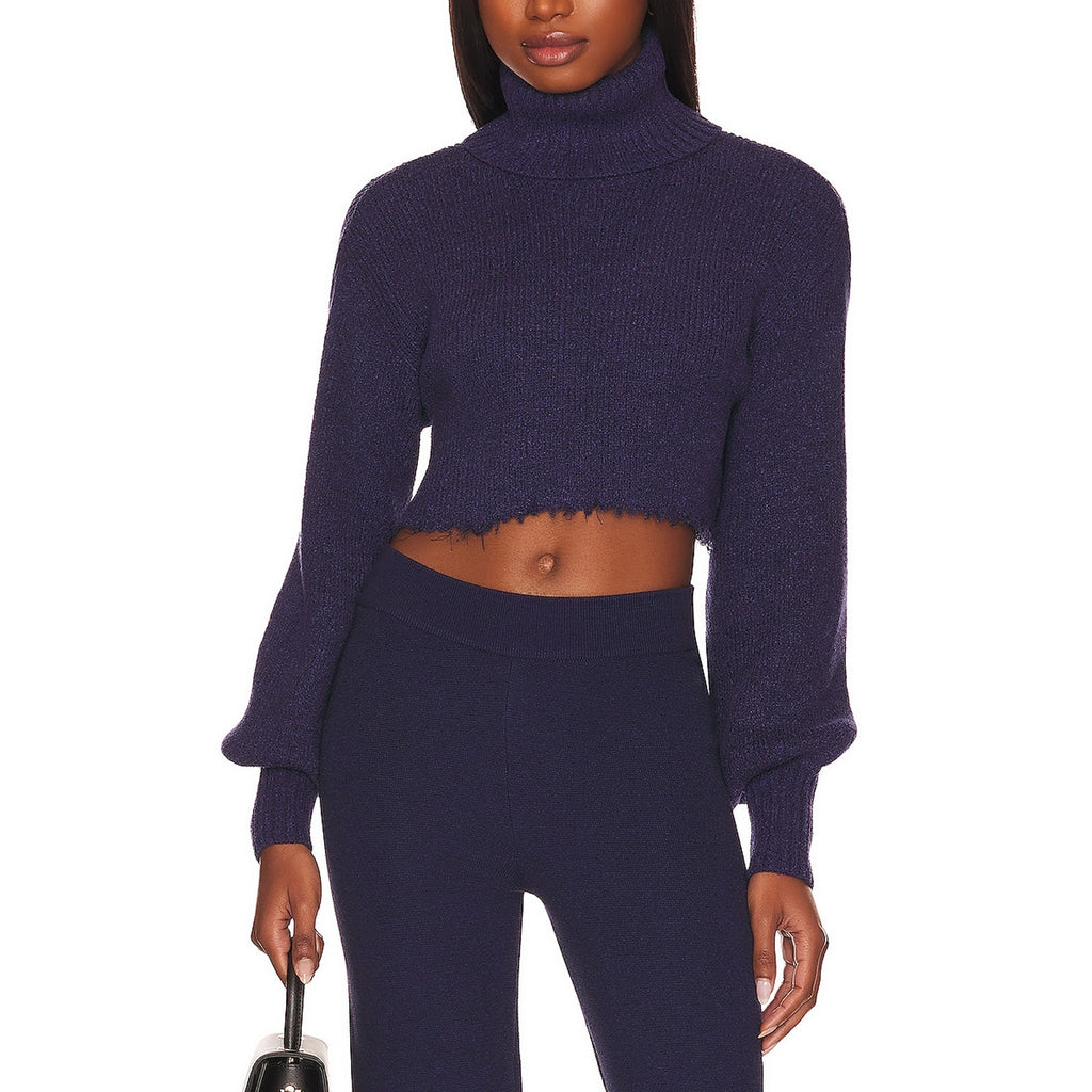 L'Academie 'Lucia' Navy Cropped Baloon Sleeve Knit Turtleneck Size M