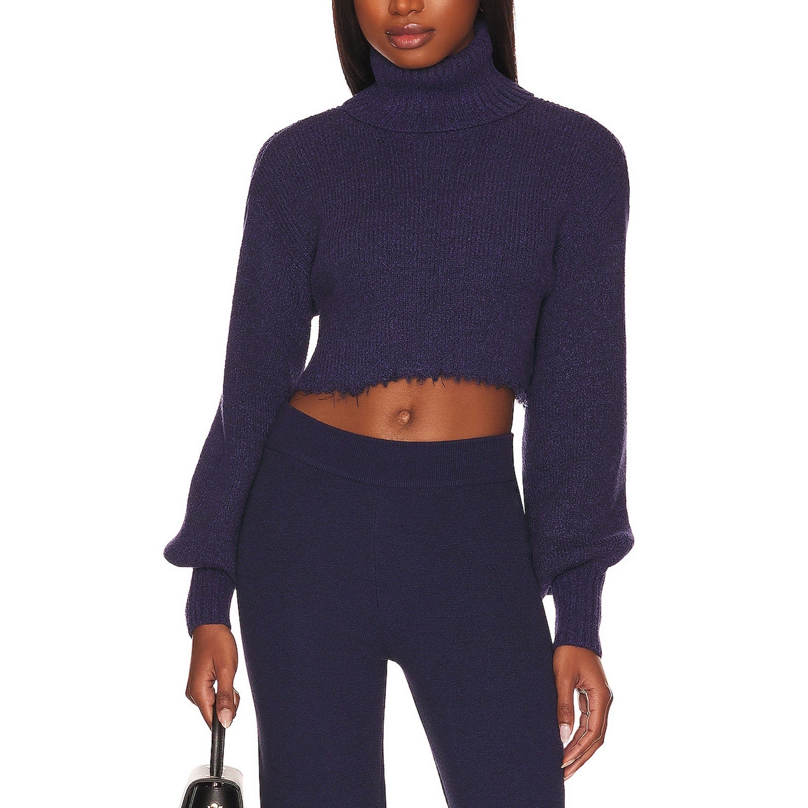 L'Academie 'Lucia' Navy Cropped Baloon Sleeve Knit Turtleneck Size M