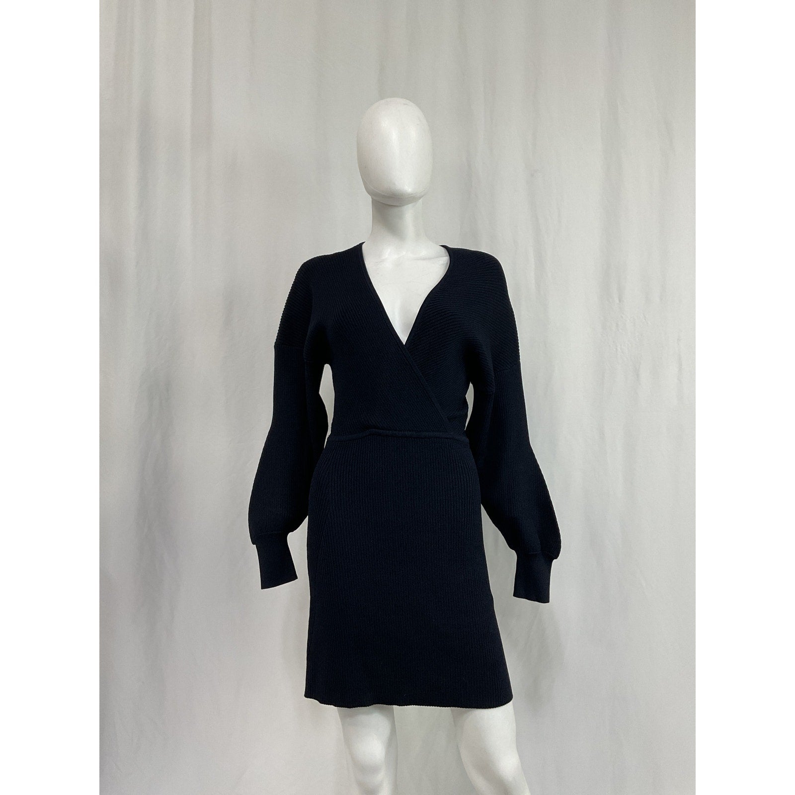 Ganni Wrap-Effect Ribbed-Knit Blue Rayon Mini Dress Size S