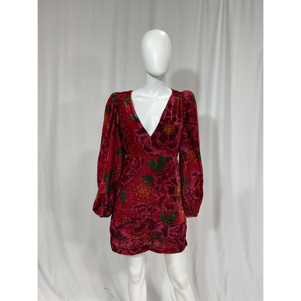 Farm Rio 'Shiny' Red Flowers Long Sleeve V Neck Mini Dress Size S