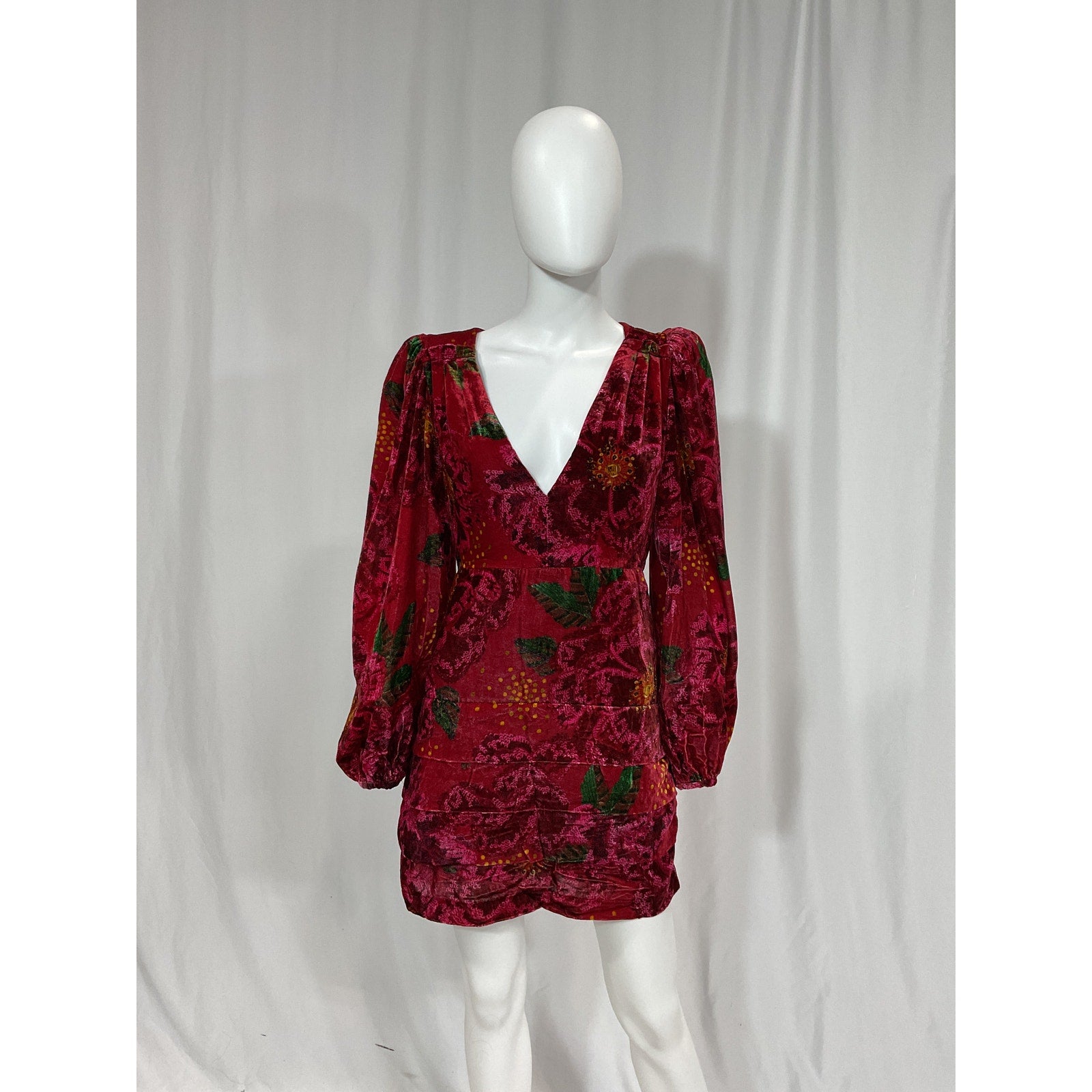 Farm Rio 'Shiny' Red Flowers Long Sleeve V Neck Mini Dress Size S