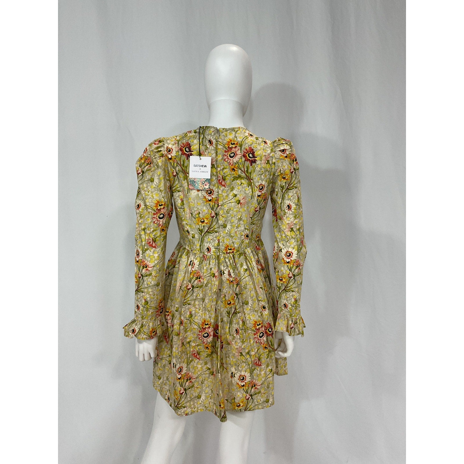 Batsheva 'Prairie' Yellow Floral Print Square Neck Mini Long Puff Sleeve Dress Size 2 - NWT