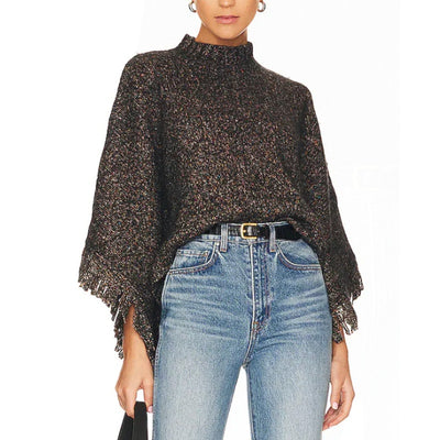 Autumn Black Mockneck Cashmere Tweed Fringed Poncho Size S