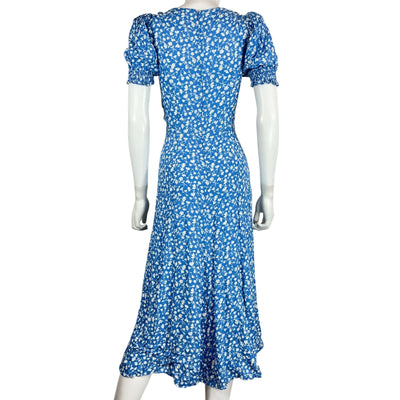 Reformation Floral Blue Puff Sleeve Sweetheart Midi Dress Size 0